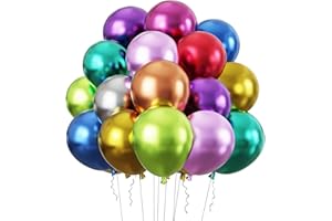 RUBFAC 50pcs Metallic Balloons, 12 Inch Muticolor Chrome Balloons and Ribbon, 10 Assorted Colors Thick Latex Rainbow Balloons for Birthday Wedding Baby Shower Graduation Anniversary Party Decorations