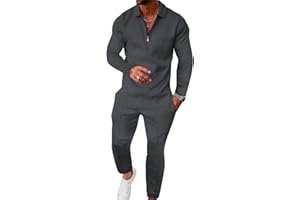 UOUA Mens 2 Piece Set Casual Outfits Polo Long Sleeve Shirt & Pants Tracksuit Loungewear Athletic Jogger Sweatsuit