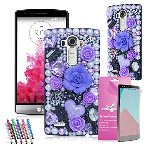 LG G4 3D Bling Case, EpicGadget(TM) Luxury Purple Fairy Tale Floral Pearl Diamond Hard Case Cover for LG G4 H815 F500 + HD Clear LG G4 Screen Protector AND 1 x Random Color Long Stylus Pen (US Seller!!) (Purple Fairy Flower Back Case)