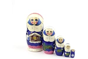 Heka Naturals Snow Maiden Nesting Dolls | All Natural Wooden Matryoshka Doll Set of 5 (7 Inch) - Traditional Babushka Home Decor, Wooden Stacking Dolls, Vintage Handmade Shape