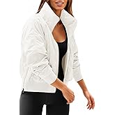 Fisoew Womens Windbreaker Crop Jackets Long Sleeve Zip Up Hidden Hooded Winter Bomber Jacket with Pockets