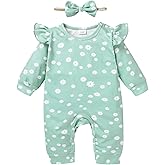 YOUNGER TREE Baby Girl Romper Fall Winter Long Sleeve Newborn Bodysuit with Headband Infant Jumpsuit Clothes (Green, 0-3 months)