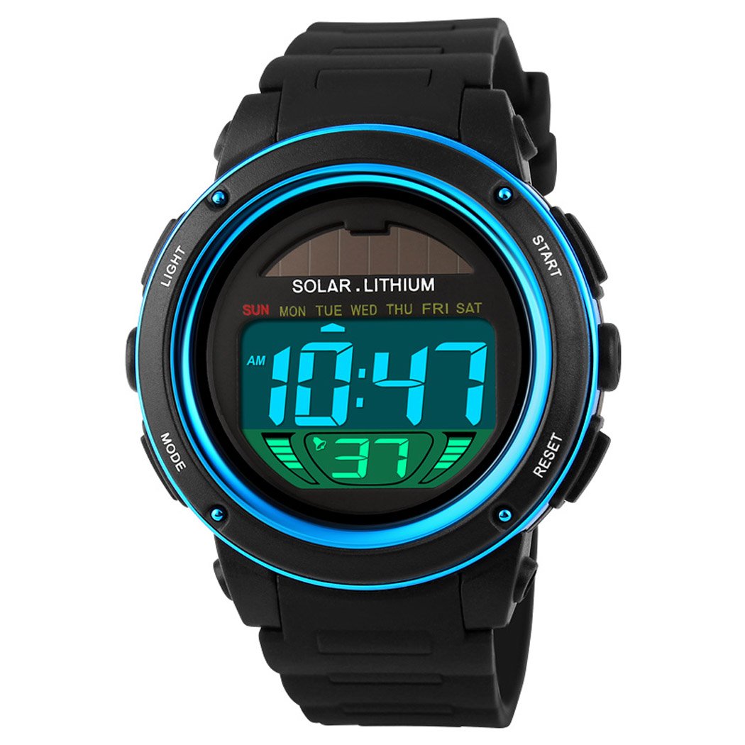 MASTOP Digital Led Back Light Solar Powered Sporty Watches Week Alarm Chronograph Wrist Watch Women, Blue