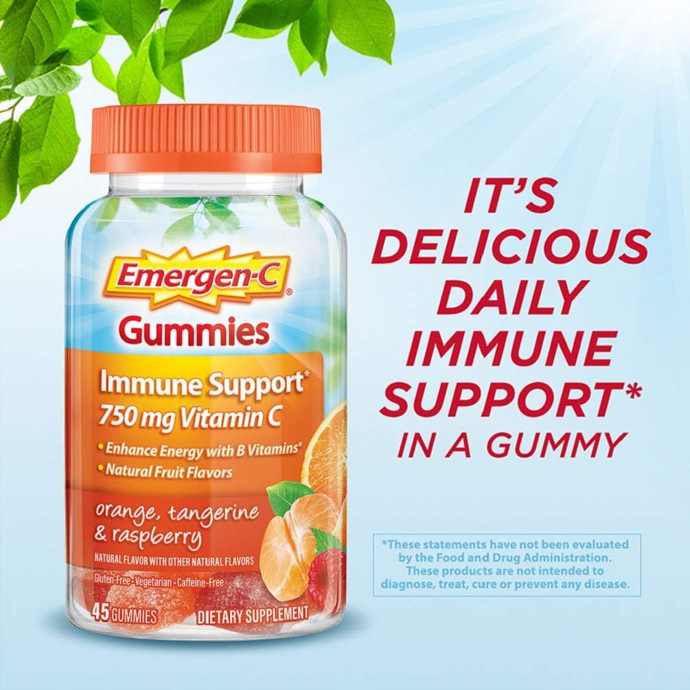 Emergen-C 750mg Vitamin C Gummies for Adults, Immunity Gummies with B Vitamins, Gluten Free, Orange, Tangerine and Raspberry Flavors - 45 Count: Health & Personal Care