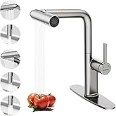 Waterfall Kitchen Faucet with Pull Down Sprayer, Hurran Kitchen Sink Faucets with 5 Spout Modes, 360° Swivel Single Handle Faucet with Deck Plate, Brushed Nickel