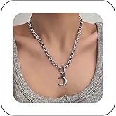 Andelaisi Boho Moon Circle Choker Necklace Vintage Silver Crescent Pendant Necklace Punk T Bar Toggle Necklace Personalized Cuban Choker Necklace Jewelry for Women