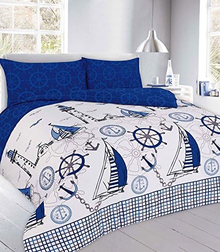 HOME TLC Sailing Jake Nautical Print Design Duvet Quilt Cover Pillowcases Bedding Set (Double, Blue)