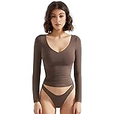 SUUKSESS Women Double Lined Casual V Neck Crop Tank Tops Basic Long Sleeve Shirts