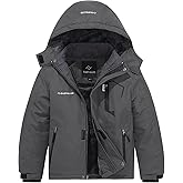 FARVALUE Boys Waterproof Ski Jacket Windproof Winter Coat Warm Snow Coat Outdoor Raincoats Hooded Windbreaker