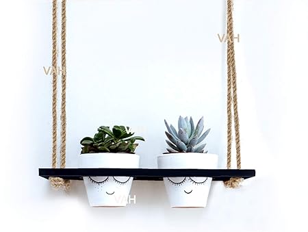 VAH Wood Hanging Planter Shelf Plant Hanger Decorative Flower Pot Rack with Rope Home Decor Hanging Planter-Plant Stand-Vertical Planter-Planter Rack ( 2 Pot Black)