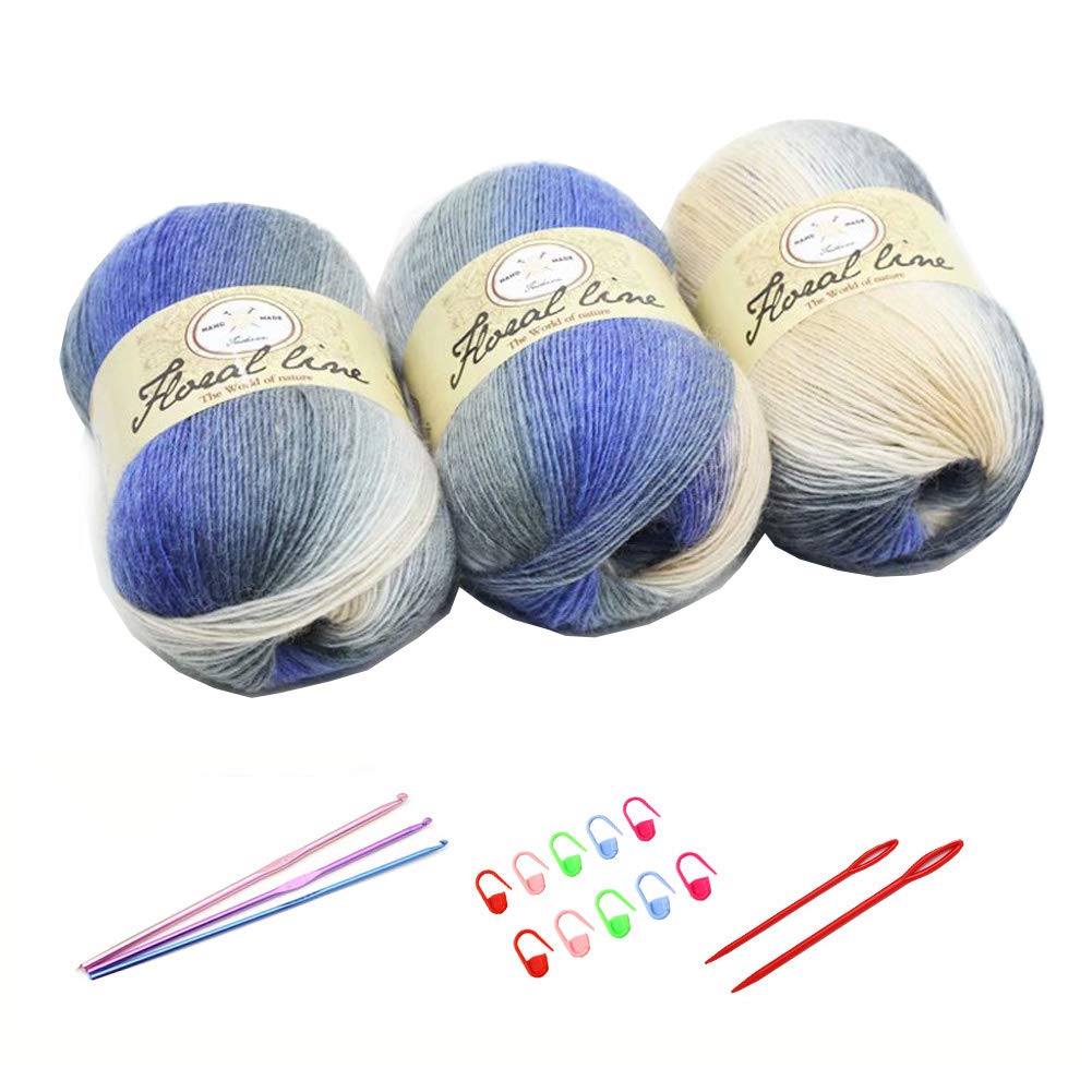 3X 100g Rainbow Wool Yarn Balls Chunky Knit Double Pom Pom Coloured Chunky Wool with 3 Crochet Hooks, 2 Needles, 10 Crochet Locking Stitch Markers for Beginners (215)