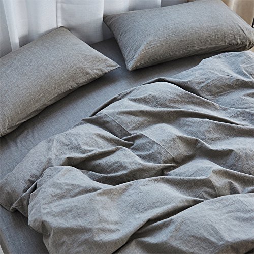 MooMee Duvet Cover Set Washed Cotton Soft Fluffy Linen Like Texture Natural Wrinkle Light Grey King