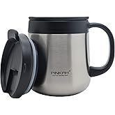 PINKAH 16OZ Stainless Steel Insulated Coffee Mug with Handle and Lid, Double Wall Vacuum Coffee Tumbler Thermal Cup with 2 Lids