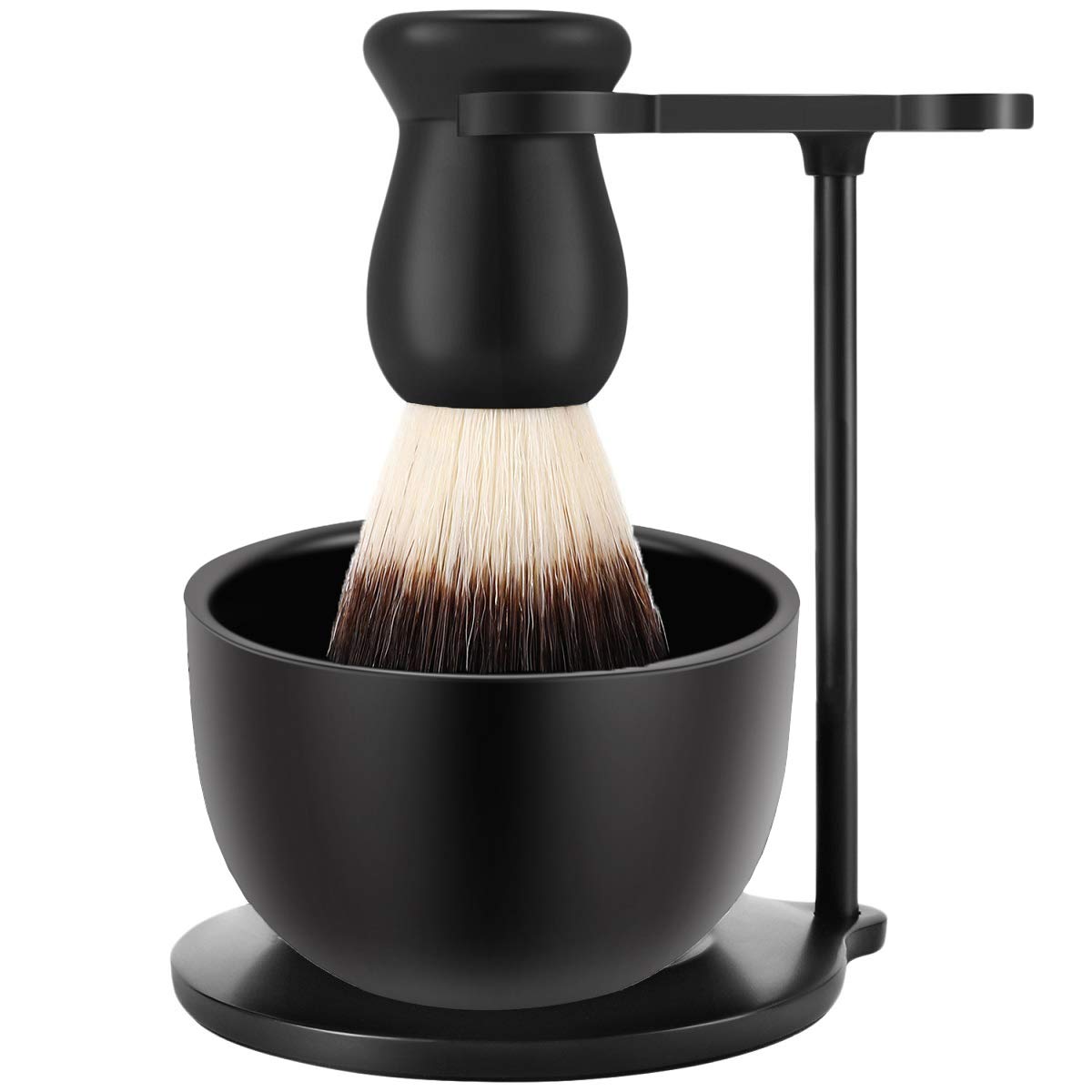 SANWA Shaving Brush and Razor Stand with Stainless Steel Soap Bowl and High end Synthetic Nylon Brush Set, Compatible with Butterfly Double Edge Safety Razors Matte Balck