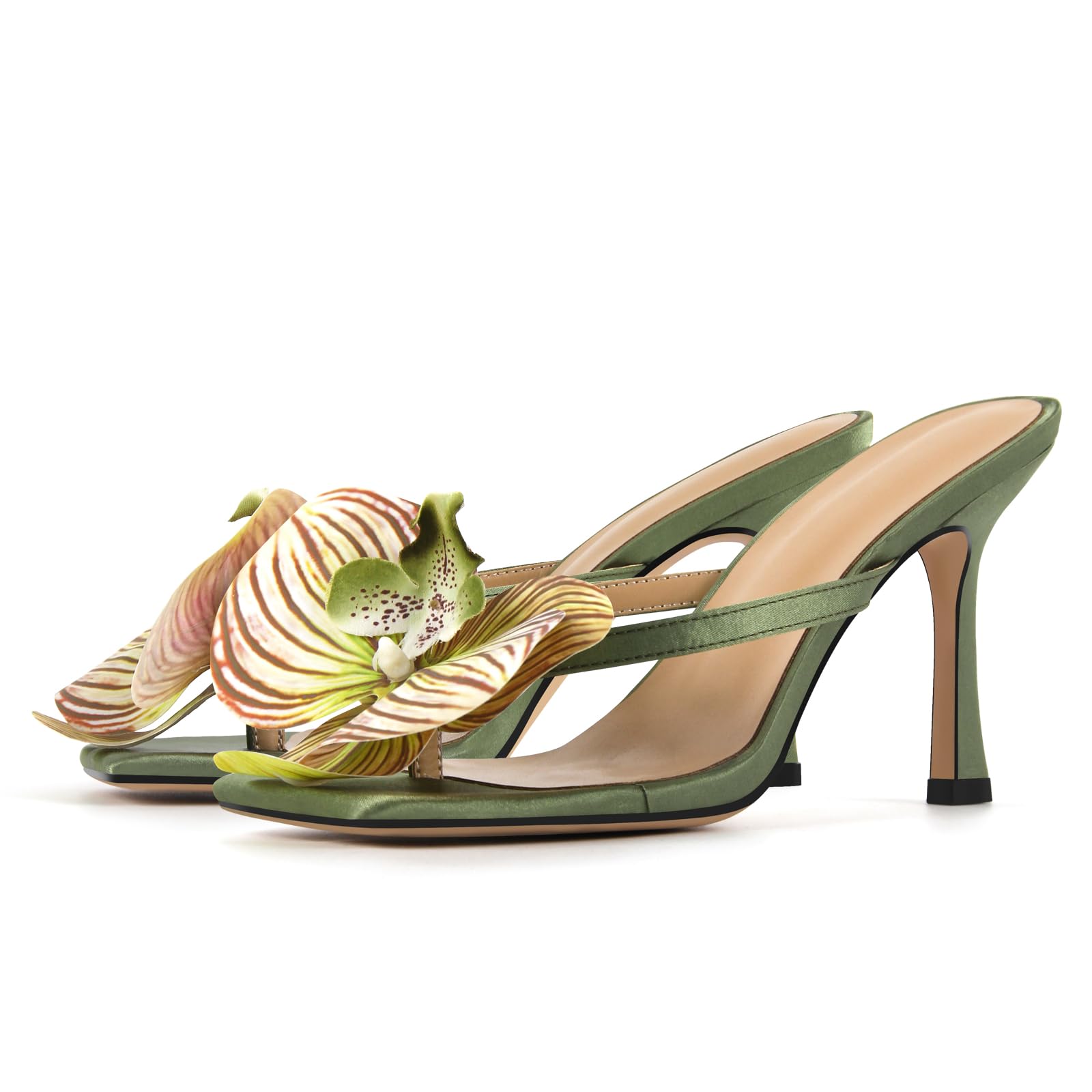 Photo 1 of Onlymaker Orchid Heels for Women Square Toe Low Heeled Sandals Sexy Slip On Green Satin Heels with Orchid Flower For Wedding Bridal Fashion Party Dress Open Toe Mid Block Heeled Sandals Size 9