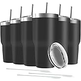 Deitybless 30oz Stainless Steel Travel Mug with Lid, 6 Pack Double Wall Vacuum Insulated Bulk Tumbler with 6 Straws, Powder Coated Coffee Cup Suitable for Vehicle Cup Holders(Black)