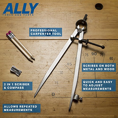 ALLY Tools 8" Precision Compass Pencil Holder / Divider Tool Kit INCLUDES Two Pencils and Metal Pencil Sharpener Ideal for Drawing Circles, Scribing Wood, Scribing Metal, Drafting, and Map Plotting
