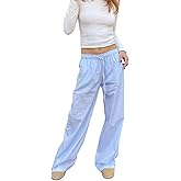 Tsultryofs Women Y2K Striped Long Pants Drawstring High Waist Wide Leg Trouser Casual Relaxed Fit Straight Lounge Pants