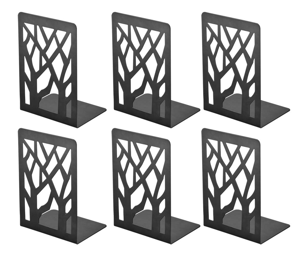 Wenrecu Book Ends, Heavy Duty Holder for Shelves, Metal Bookend for Office and School, Decorative Tree Unique Design Stopper for Gift, Binder and Dividers (6)