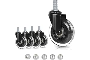 8T8 3" Office Chair Caster Wheels Heavy Duty, Set of 5, 3/8"-16x1 (Not Metric M10), Threaded Stem Casters with Nylon Nuts, Replacement PU Rubber Wheels, Safe for Hardwood Tile Floors