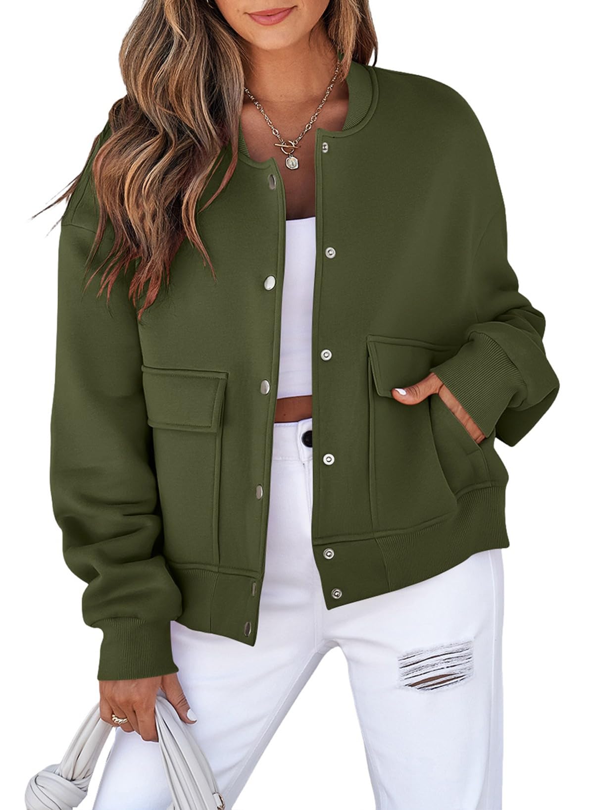 Photo 1 of EVALESS Womens Jacket 2025 Fall Winter Long Sleeve Stand Collar Shacket with Side Pocket Lightweight Coat Jungle Green Medium