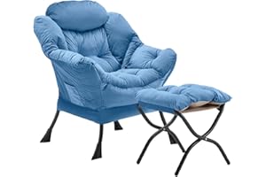 Youtanic Lazy Chair with Folding Ottoman, Accent Chair Velvet Upholstered with Metal Structure and Non-Slip Pads, Sofa Armchair with Footrest and Side Storage Bag for Dorm, Room, Office, Light Blue