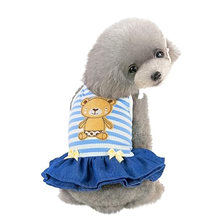 TUDUZ Mode Schöne Haustier Hunde Kleid Bär Muster Tank Top Streifen Denim Patchwork Sling Sommerkleid Atmungsaktiv Dünn Shirt