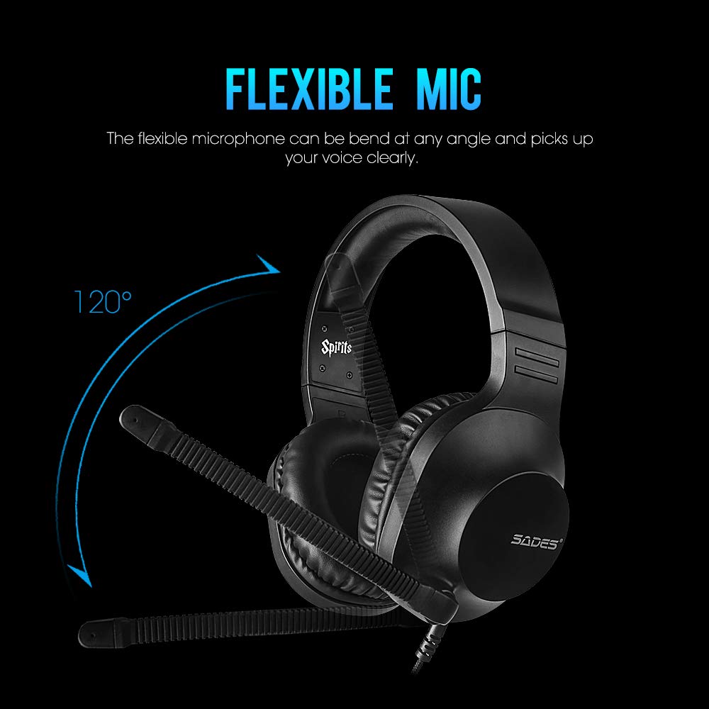 SADES Wired Gaming Headset, Spirits Over-Ear Stereo Gaming Headphones with Mic and Volume Control, Y Splitter Cable, Comfortable Earmuffs for PC, Laptop, Mac, PS4, Nintendo Switch, Black