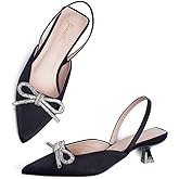 GENSHUO Slingback Rhinestone Bow Heels for Women Closed Pointed Toe Kitten Pumps Slip On Stilettos Wedding Bride Dress Shoes