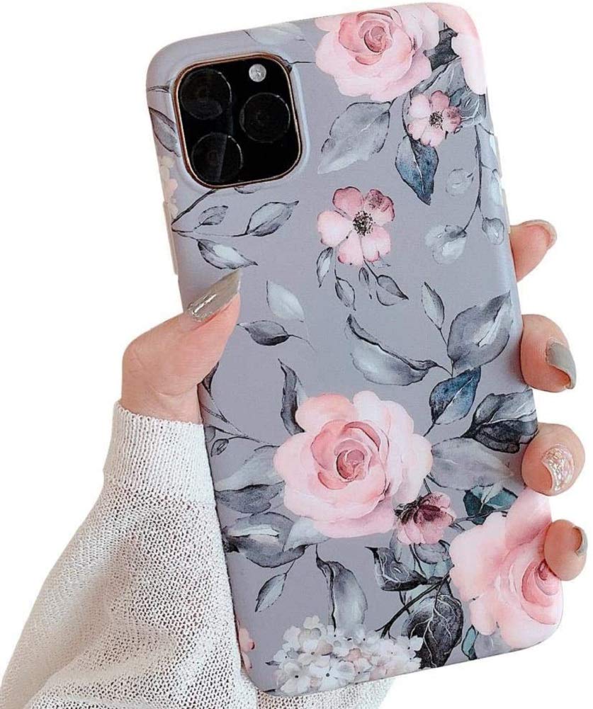 ZTUOK Compatible with iPhone 12/12 Pro Case for Girls, Soft Slim Fit Full-Around Protective Cute Shell Flowers Phone Case Cover with Pink Floral and Gray Leaves Pattern for iPhone 12/12 Pro 6.1 Inch