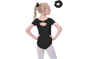 Genfirdom Girls Leotard Kids Short Sleeve Bow Back Leotard for Dance Ballet Gymnastics Matching Hair Scrunchie 3-12 Years