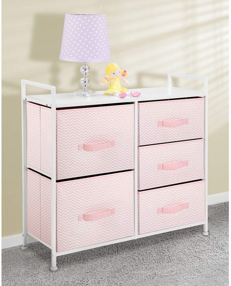 mDesign Wide Dresser Storage Tower Furniture - Metal Frame, Wood Top, Easy Pull Fabric Bins - Organizer for Kid's Bedroom, Hallway, Entryway, Closets, Dorm - Chevron Print, 5 Drawers - Pink/White: Home & Kitchen
