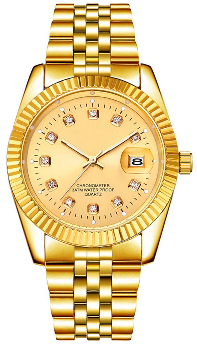 Photo 1 of Men's Fashion Classic Design Analog Quartz Watches Casual Business Stainless Steel Waterproof Date Wrist Watch Men (Gold)
