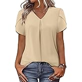 Magritta Womens Tops Dressy Casual Short Sleeve Pleated Tshirt 2025 Summer Loose Fitting Blouse Fashion V Neck Business Shirt