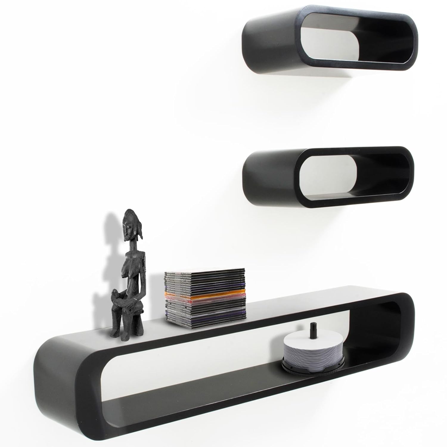 casa pura® Floating Shelf System, Set of 3 Oval Shelves (Black