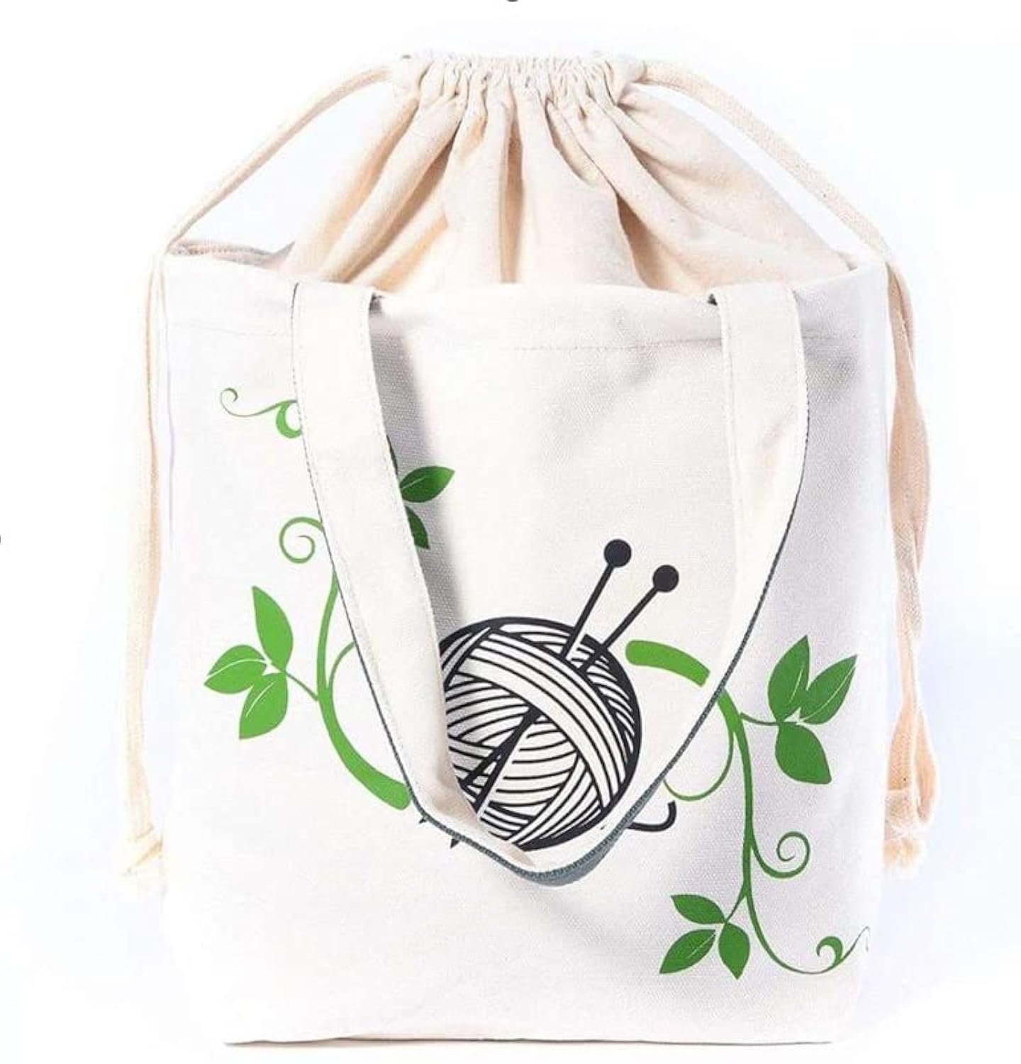 Tote Bag for Knitting Supplies – Crochet Bag with Knitting Needle Organizer – Premium Canvas Material – Chunky Rope Drawstring – Carry Handles – Cute Design