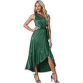 Allegra K Women's Satin Dresses Split High Low Belted Ruffle Cocktail One Shoulder Dress