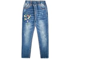 KIDSCOOL SPACE Little Girl Embroidered Slim Jeans, Big Girls Elastic Waist Denim Bottom Pants