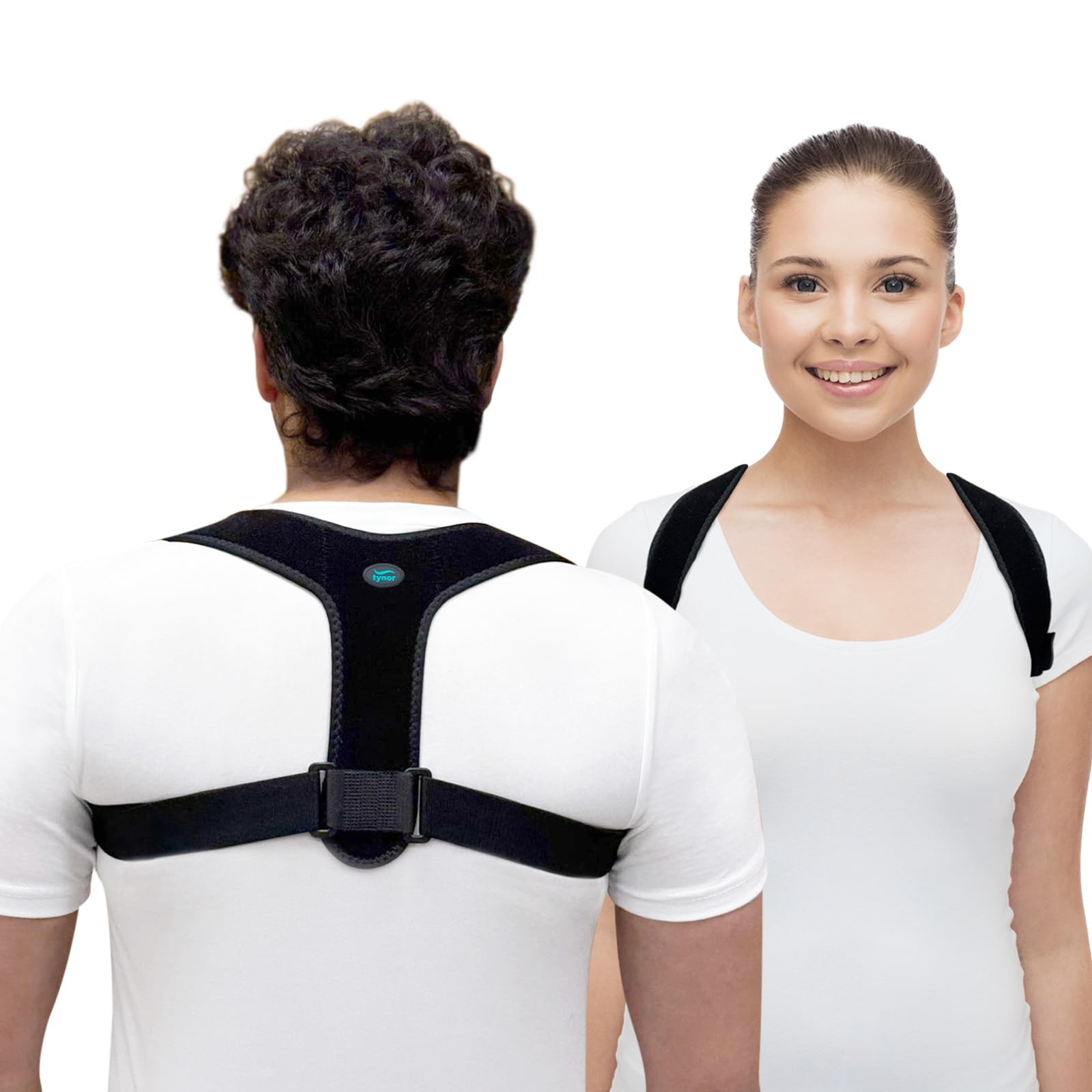 TYNOR Posture Corrector for Men & Women, Adjustable Upper Back Brace for Neck, Clavicle & Scoliosis, Breathable Hunchback & Spine Corrector with Hook Loop Closure (Black, One Size)