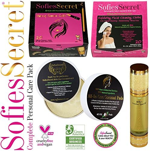 SofiesSecret Facial Care Set - Makeup, Exfoliating, Body Oil, Coconut Pads - GIFT SET -Cruelty Free &amp; Vegan