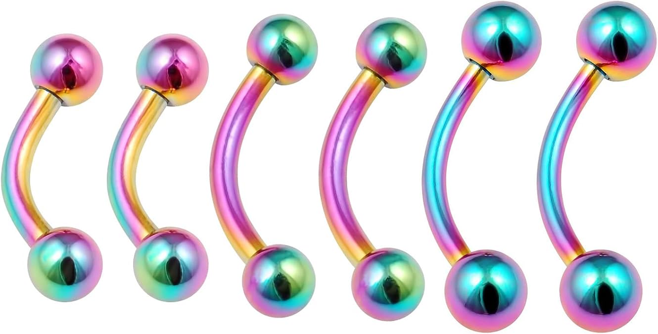 6pc Curved Barbell 16g Rainbow Vertical Labret Lip Industrial Earrings