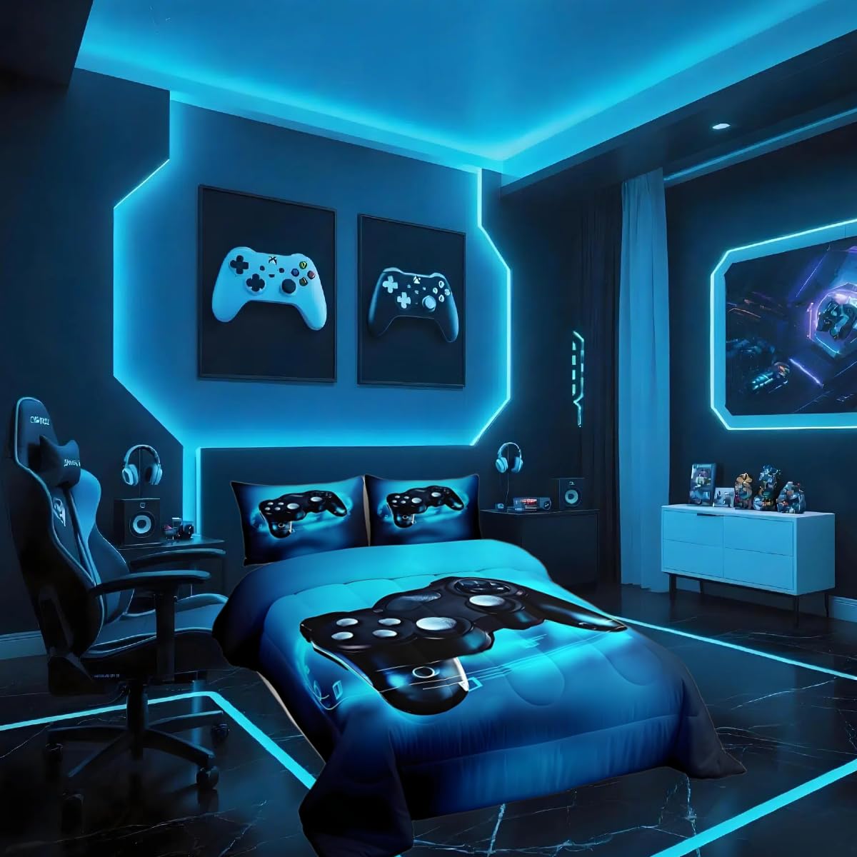 Loussiesd Gaming Down Duvet for Boys Kids Game Room Decor Video Game Gamer Duvet Comforter Teens Bedroom Gamepad Bedding Set All Season Lightweight Warm Soft Single Size Multicolored 106