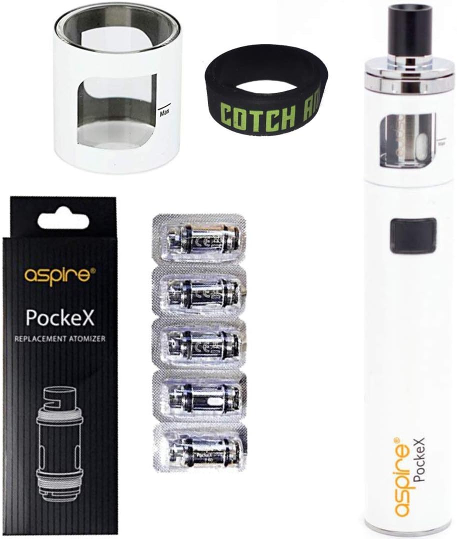 Aspire PockeX Kit + Pack of 5 0.6ohm Coils + Replacement Glass Metal Sleeve Cover Set 2ml E-Cigarette AIO Starter Vape Mod (White)