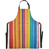 WELLDAY Rainbow Carnival Striped Apron, Aprons for Women with Pockets - Adjustable Aprons for Men Cooking Gardening Baking