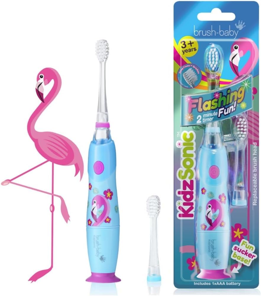 Brush-Baby - Flamingo KidzSonic Kids Electric Toothbrush, 3+ Years - DeepClean Bristles, Suction Base - Fun Design with Flashing Disco Lights - 2 x Replacement Heads & 1 x AAA Battery