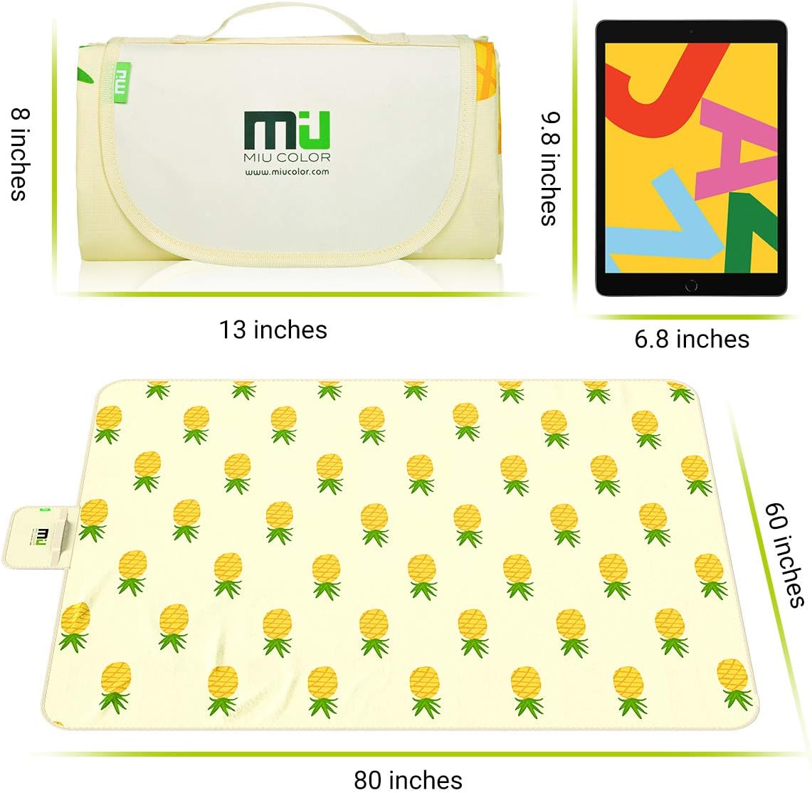 MIU COLOR Large Waterproof Outdoor Picnic Blanket, Sandproof and Waterproof Picnic Blanket Tote for Camping Hiking Grass Travelling (80"x 60" A Pineapple) : Sports & Outdoors