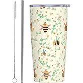 YIKISSKID Funny Bee 20oz Tumbler with Lid and Straw for Women Men, Cute Cartoon Honey Bee Insulated Mug Animals Floral Theme Stainless Steel Tumbler Double Wall Vacuum Travel Mug Coffee Cup