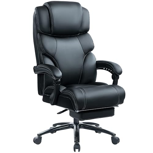 Bonzy Home Reclining Office Chair with Footrest, Ergonomic High Back Executive Chair, Adjustable Height, Lumbar Pillow, PU Leather, Quiet Wheels, White