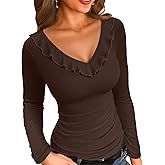 VICHYIE Womens Long Sleeve Shirts V Neck Ruffle Hem Slim Fitted Ribbed Knit Trendy Tee Tight Tops