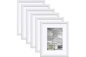 HappyHapi 8x10 Picture Frame Set of 6, 8x10 White Picture Frame Display Pictures 5x7 with Mat or 8x10 Without Mat. Wall Hanging Photo Frame or Tabletop Display Gallery Frame (White)
